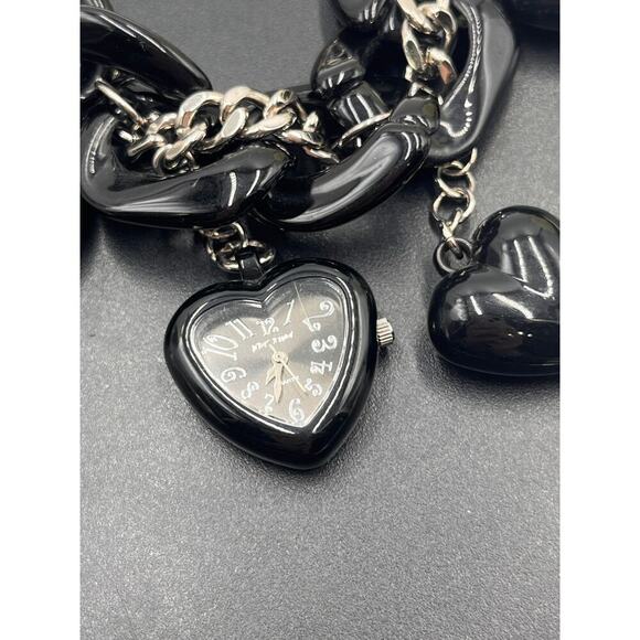 Betsey Johnson Vintage Black Puffy‎ 3D Heart Watch Chain Bracelet BJ7016 - Picture 9 of 10